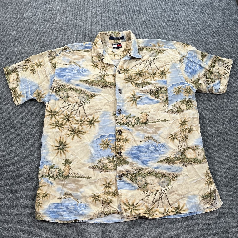 Vintage Tommy Hilfiger Shirt Mens Large Island Print Hawaiian Rayon Loop‎ Collar